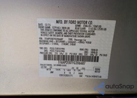 2015 Ford Taurus Sel z USA, uszkodzony, nr VIN 1FAHP2E87FG206687